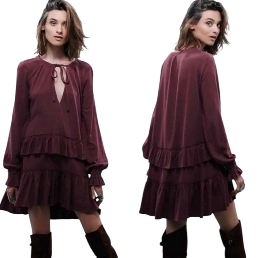 Free People Midsummer Night Ruffles Tie Neck Long Sleeve Knit Mini Dress - M
